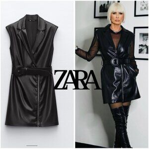 Zara Faux LEATHER VEGAN DRESS BLACK MINI BELTED VEST SLEEVELESS ZIPPERED NEW MED